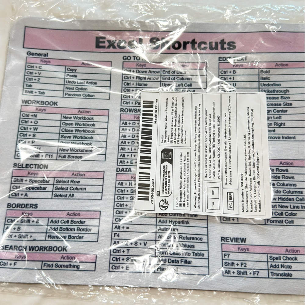 Excel Shortcuts mouse pad in Pink and White.